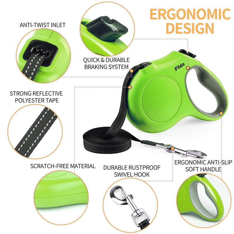 Fida Retractable Dog Leash for Medium Breed up to 44 lbs, 16 ft Pet Walking Leash with Dispenser and Poop Bags, Anti-Slip Handle, Reflective Strong Nylon Tape, One-Handed Brake (M, Green) - Image 3